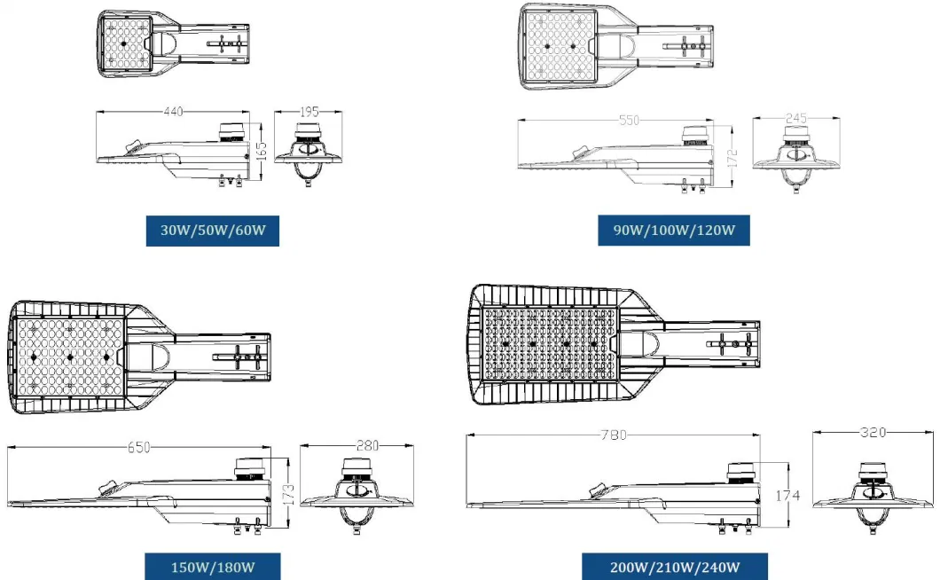 High Power 240W 100W 50W Pole IP66 Ik08 Waterproof Road Sidewalks Squares Parking Light Outdoor Lighting Dimmable Photocell Sensor Garden Light LED Street Light
