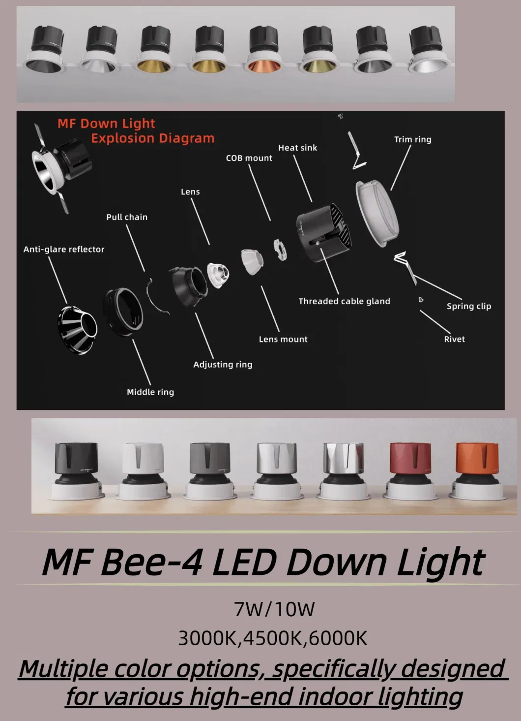 High End LED Ceiling Down Light Multiple Beam Angle 7W/10W 75mm Anti - Glare IP43 LED Ceiling Concealed COB Spot Lamp 0