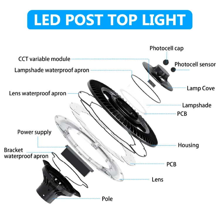 LED Garden Light Ajustable 150W IP65 Built-in Waterproof 130lm/W Round Black Courtyard Park Yard Post Top 3