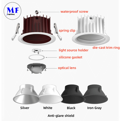 High Power Recessed COB LED Down Light Waterproof Spot Light anti-Glare 100lm/W 1-10V Dali Dimable 7W 15W 30W 60W